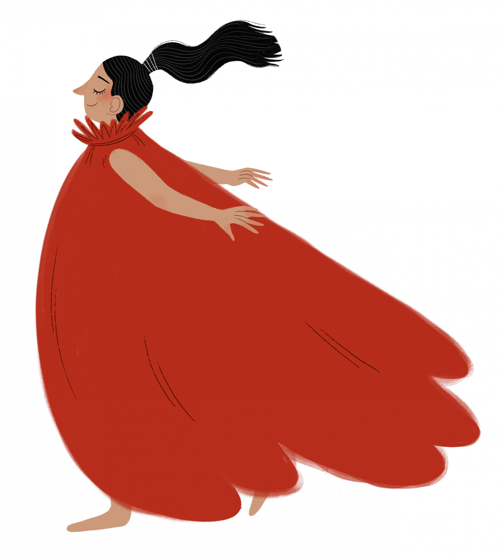 Illustration of woman with black hair in a big red dress