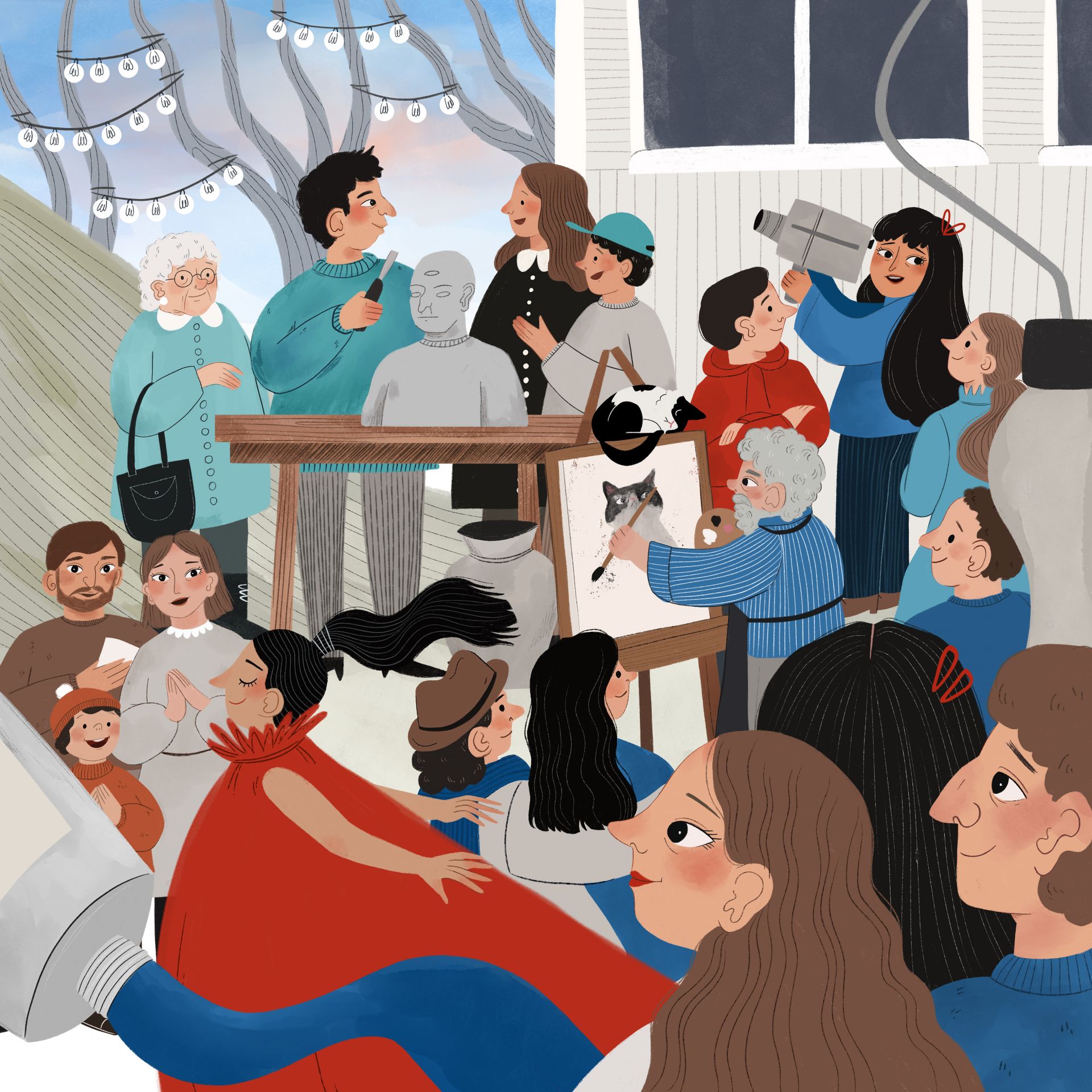 Illustration som visar människor som bland olika konstverktyg och konstfortmer. Illustration av Amanda Valkonen för Konstrundan 2024