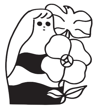 Mustavalkoinen kuvitus, ihmishahmo ja kukka sekä lehti tai lintu. Jenni Tuominen, Konstrundan 2022