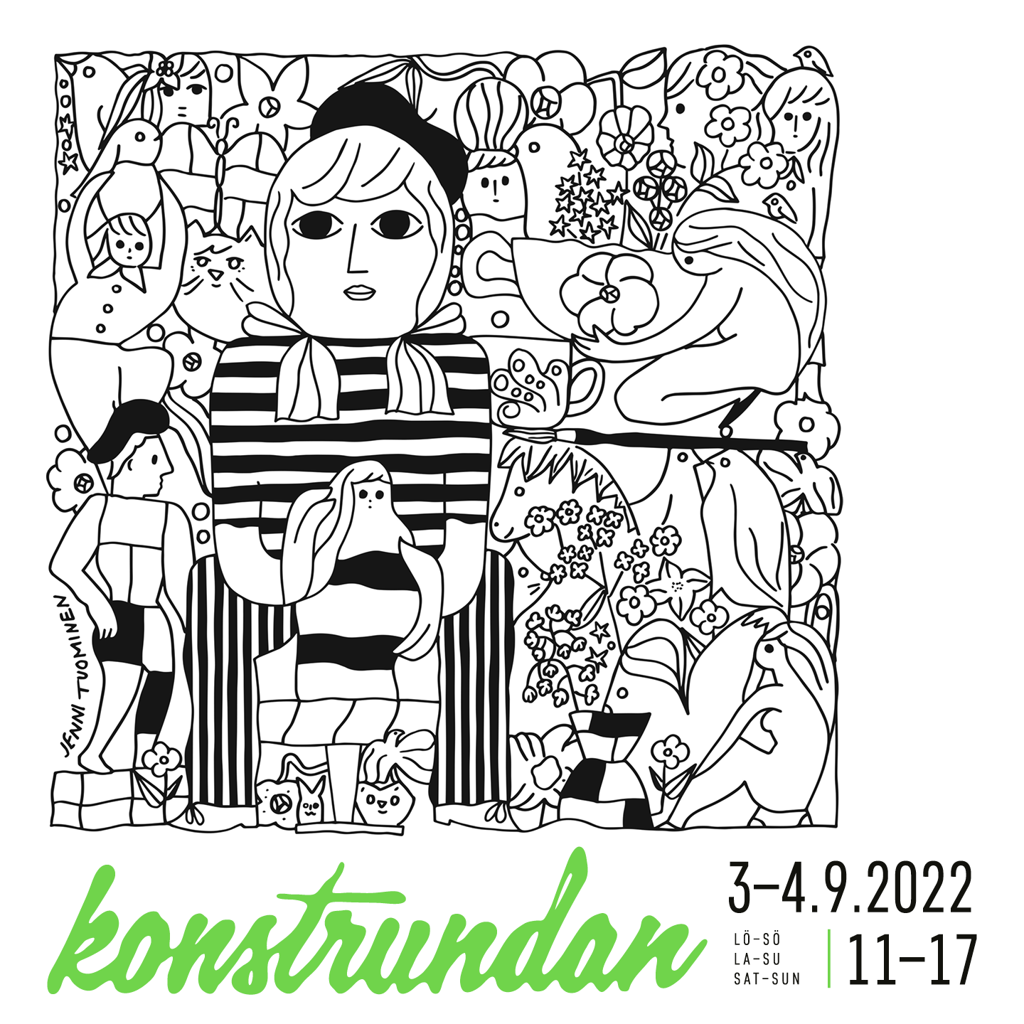 Illustration av Jenni Tuominen för Konstrundan 2021. Svartvit bild med människofigur i mitten, omringad av andra människor, djur och växter. 