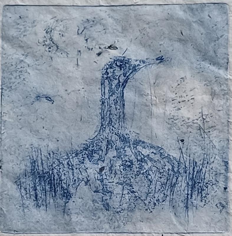 Johanna Melkas-Herzog, "Kuikka", etsaus käsintehdylle paperille, 15 x 15 cm, 2023 Johanna Melkas-Herzog