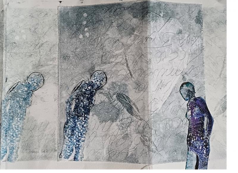 Johanna Melkas-Herzog, "Leporello", etsaus, kollaasi, taitellulla Japanin paperilla, 24 x 50 cm, 2022 Johanna Melkas-Herzog