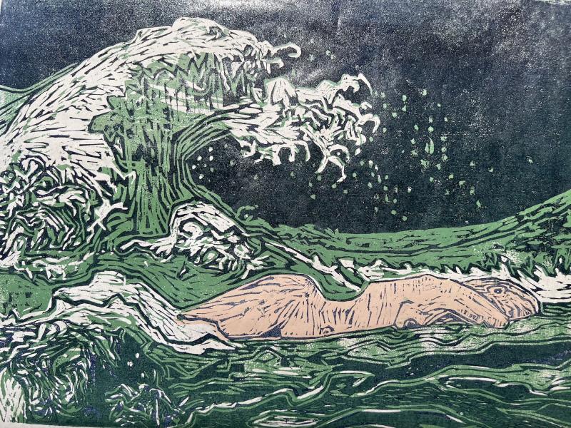 Helena Rajalinna, Hokusai maiden 2023, puupiiros japaninpaperille painovärillä, 28,5 x 38