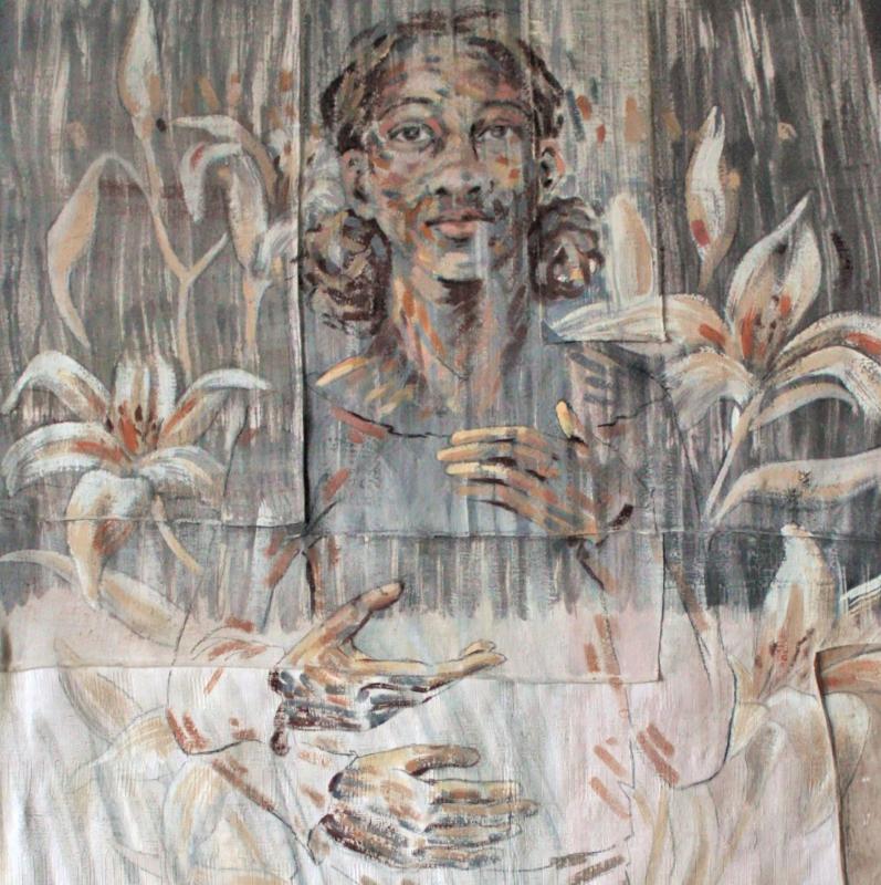 Jaana Saario, Viam Pacis, tempera ja hiili kankaalle, 225 x 145 cm, 2023, yksityiskohta