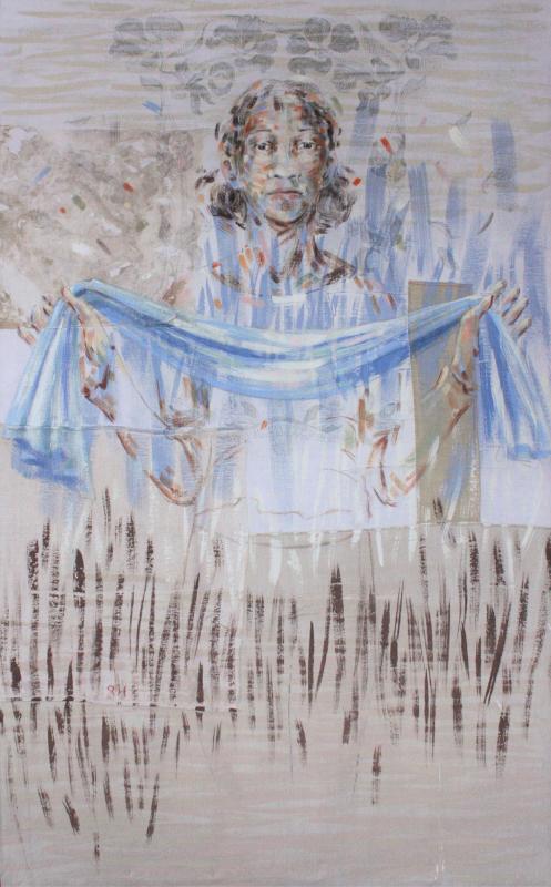 Jaana Saario, Nostra Salus, tempera ja lyijykynä kankaalle, 225 x 140 cm, 2023 