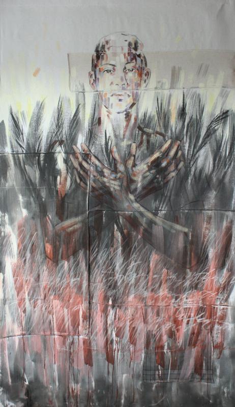 Jaana Saario, Sanctum Silentium, tempera ja valkoliitu kankaalle, 225 x 140 cm, 2023