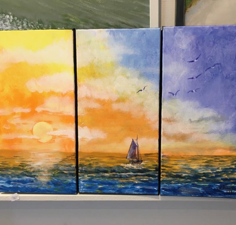 'Sol, vind och vatten' 
Tredelad akrylmålning från temautställning 2023