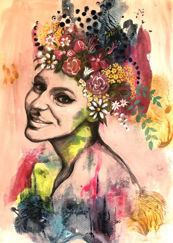 She has flowers in her hair, acrylic inc.