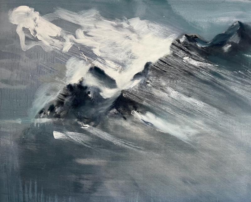 Stormy Mountains 2024 Mixed media 110cm x 130cm. Mountains can lift us above our little perspective and challenge us to grow and explore our true potential. 