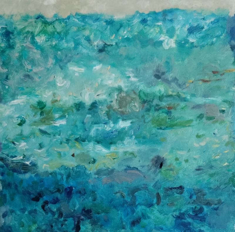 Vähäinen taivas Nauvon rantaveden yllä, öljy, 50x50, 2023, kuvaaja Anitta Ruotsalainen
