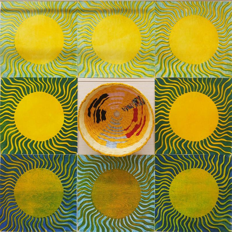 Anni-Sofia Knuuttila, Auringot, puupiirros ja tekstiiliveistos, 165 x 165 x 30 cm, 2023