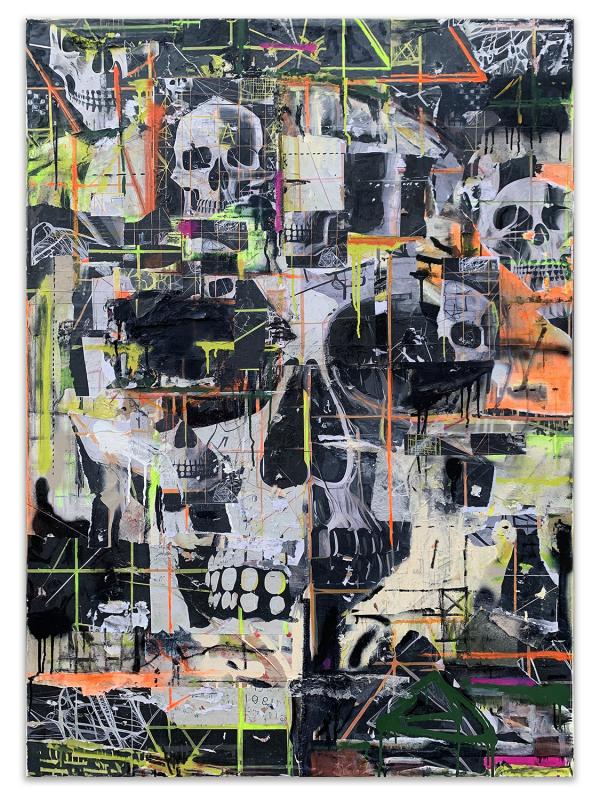 Alex Markwith, "Cybermortality II", 2023, acrylic, spray paint, paper and inket prints of AI-generated images  on canvas, 140x100cm