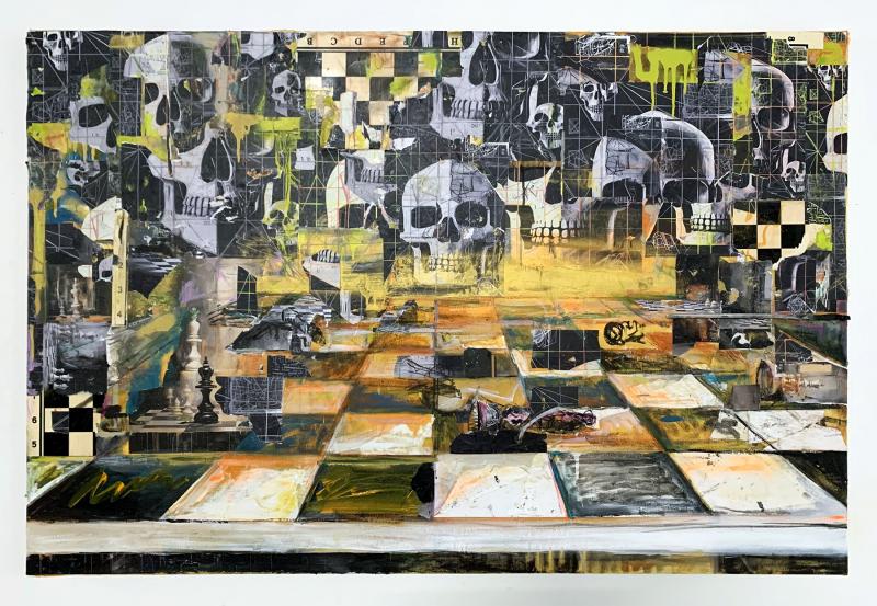 Alex Markwith, "Dissolution of Hierarchical Structures in Death", 2023, acrylic, spray paint, chalk, paper, wood and inkjet prints of AI-generated images on canvas, 80x120cm