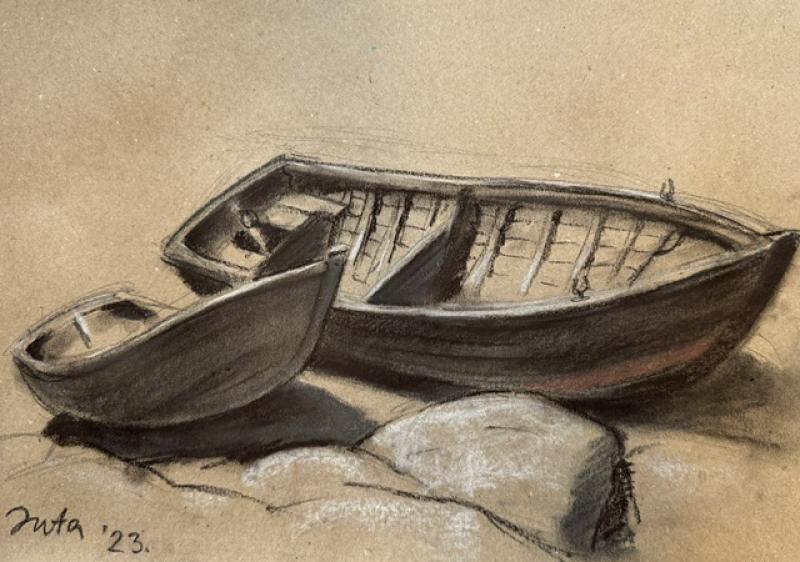 ”Old boats” 2023. 29x41cm. Coal, sangina, chalk/ paper