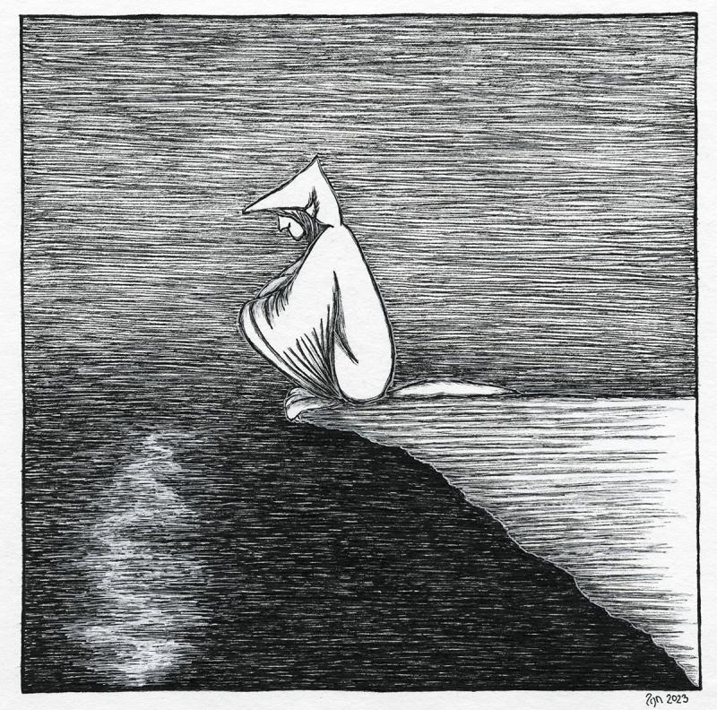 Iida Ojanperä, Istuvan Suden kallio, muste paperille, 18 x 18 cm, 2023 Kuva: Iida Ojanperä 