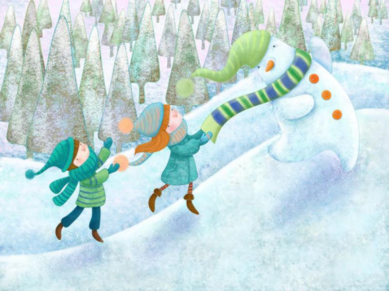 Snowman friends, children illustration, mixed media 2012
