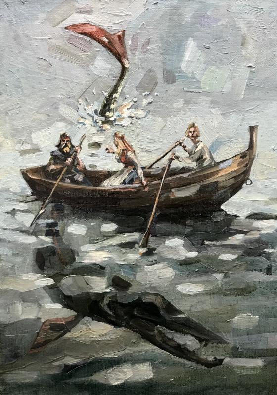 Topi Ruotsalainen: Järven suuri hauki, 2024, öljy kankaalle, 38 x 27 cm