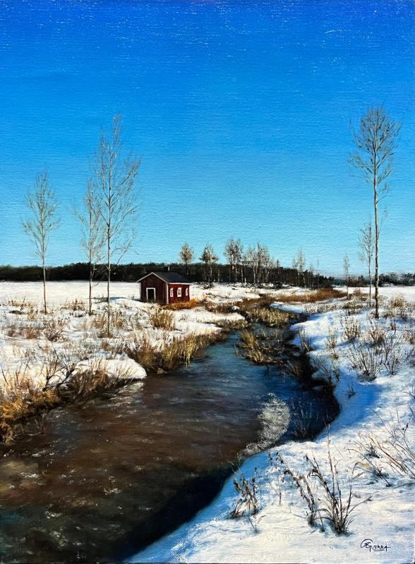 Rafael Guerra, River Stream in Winter, Oil on Canvas Board, 40x30cm, 2024