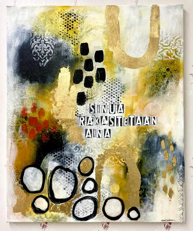 Noora Hattunen, Sinua rakastetaan aina, sekatekniikka kankaalle, 50x60, 2024, kuvaaja Noora Hattunen
