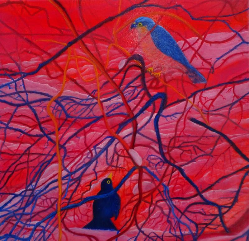 Hilja Roivainen, Mustarastas kohtaa haukan, öljy kankaalle, 40 x 40 cm, 2024, Hilja Roivainen