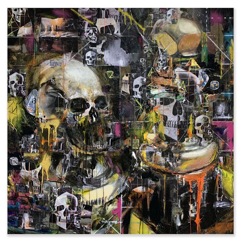 Synthetic Visions
2024, acrylic, spray paint, graphite, paper, fabric, mesh and inkjet prints including AI-generated images on canvas, 100x100cm