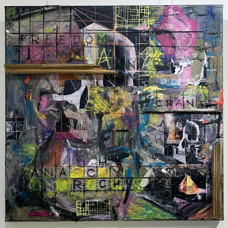 Freedom Chance Anarchy
2024, acrylic, paper, plastic, wood and inkjet prints including AI-generated images on canvas, 50x50cm
