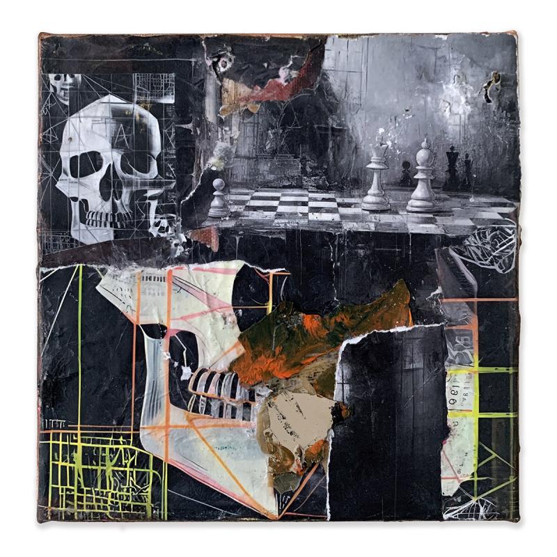 Vision (Recollection, Broken and Destroyed)
2024, acrylic, paper, plastic and inkjet prints of AI-generated images on canvas, 20x20cm