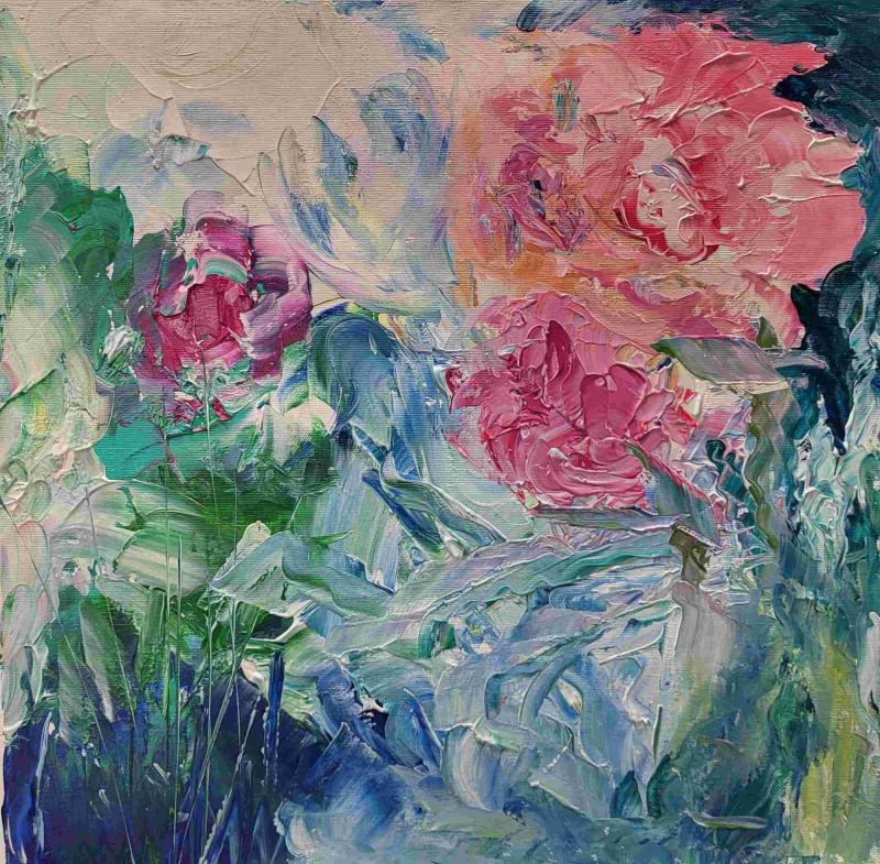 Lea Karvala "   En ros i trädgården,Ruusu tarhassa A rose in garden" Acryl 2025 50x50 cm