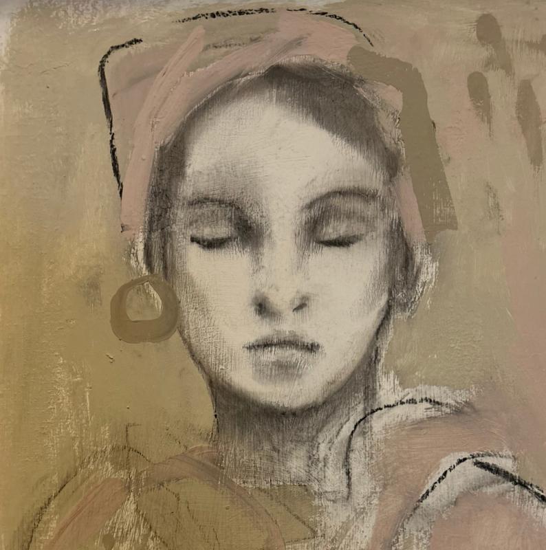 Antonia_2024_akryl, kol, kalkblandning på trä_30x25cm