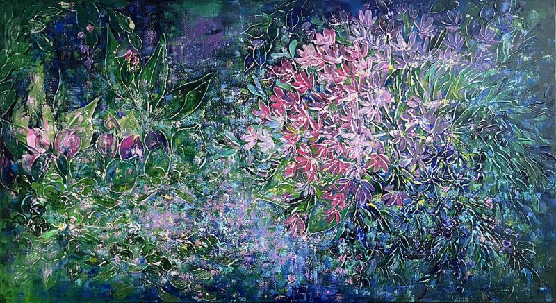 "Viiden tähden metsä", Heidi Heinonen, Akryyli kankaalle, 75x135, 2024, kuvaaja Heidi Heinonen.