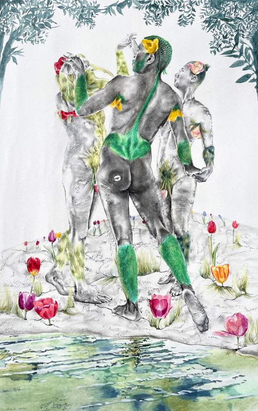 Aino Keinänen, Sulotarten tanssi, sekatekniikka paperille, 91x61cm, 2024, kuvaaja Aino Keinänen