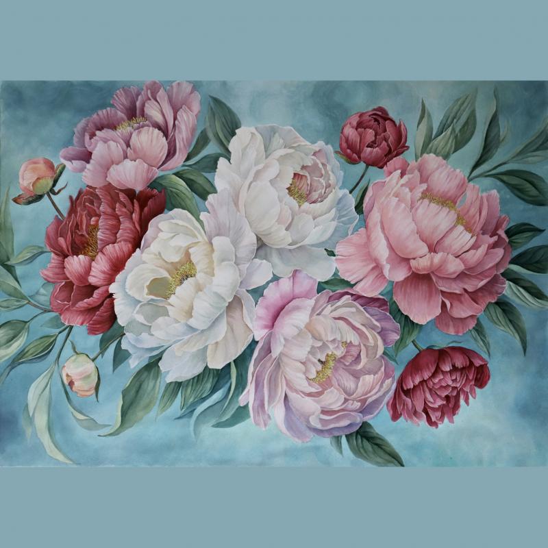 'June Peonies', watercolour on cotton paper, 120x80cm, 2024 