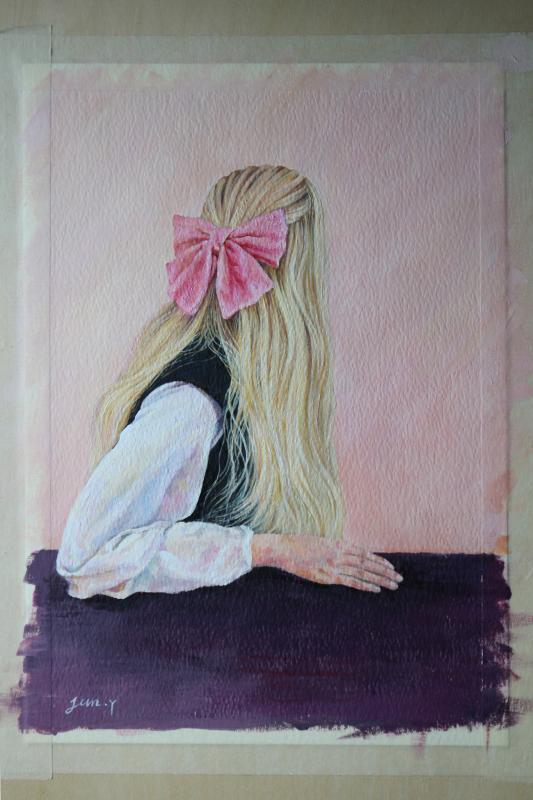 'Girl with pink bow', acrylic on paper, 18x24cm, 2022