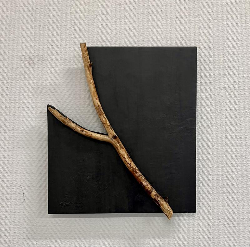 Marjaana Markkula: Sattumanvaraisuuksia 1-10, teossarjasta osa 2. Yakisugi (poltettu puu), löydetty oksa. 50 x 50 cm. 2024. Valokuva Marjaana Markkula. 