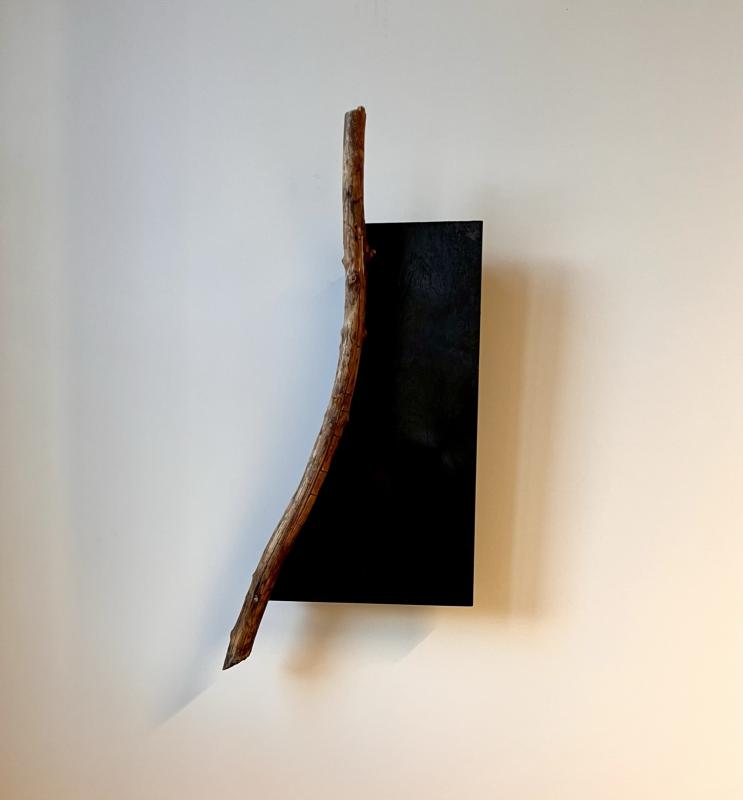 Marjaana Markkula: Sattumanvaraisuuksia 1-10, teossarjan osa 1. Yakisugi (poltettu puu), löydetty oksa. 50 x 30 cm. 2023. Kuva Marjaana Markkula.