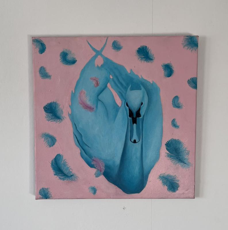 Marjaana Markkula: Turkooseja joutsenia ei voi olla olemassa. Öljyväri. 40 x 40 cm. 2023. Kuva Marjaana Markkula.