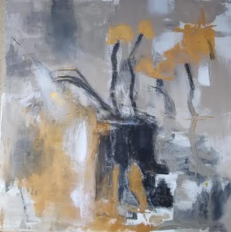 Kukkivat kuitenkin. 90x90, Akryyli, hiili sekatekniikka. Aila Ikonen