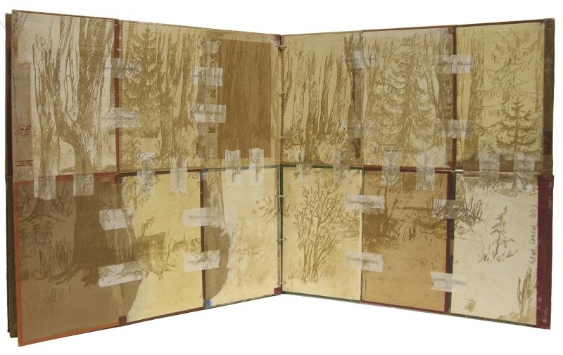 Eeva Louhio, Taiteilijakirja Variations, 2023,
Hylätyt kirjat, kirjan kannet, etsus, kopiosiirto, sekatekniikka 
Kirja suljettuna (lev x kork x paksuus) 37 x 56,5 x 1,5 cm
Kuvassa aukeama 4
kuvaaja Eeva Louhio