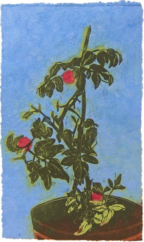 Eeva Louhio, Kolme kypsää tomaattia, 1/1, 2024,
puupiirros, käsintehty pigmenttivärjätty paperi,
56 x 33 cm
kuvaaja Eeva Louhio