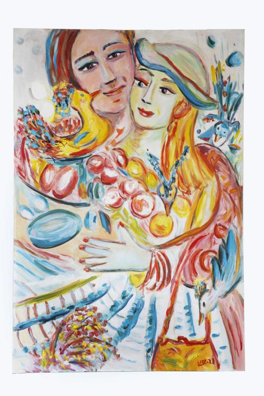 Kyyhkyläiset, Kirsi Kuronen, akryyli- ja öljy levylle 2021, 90 x 61  cm, kuvaaja Mara Leppä