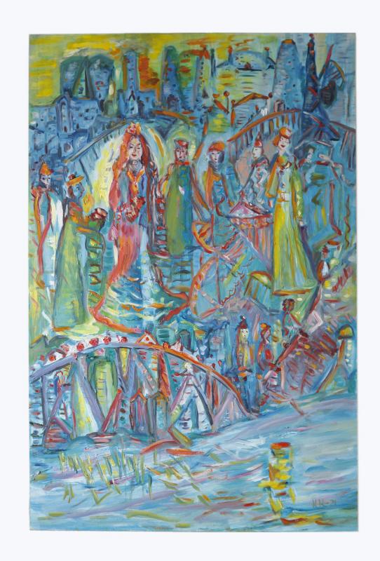 Sininen virtaus, Kirsi Kuronen, akryyli-ja öljy levylle 2021, 90 x 61 cm, kuvaaja Mara Leppä