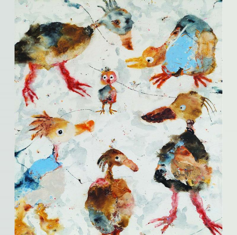 Carola Hägg, Early birds on Morning Street, mixed media på tyg, 100x120 cm, 2025, fotograf Carola Hägg