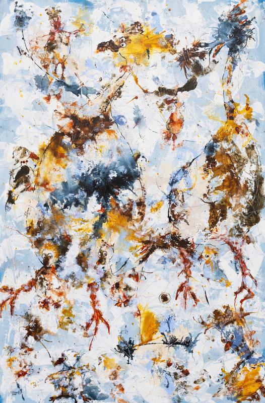 Carola Hägg, På tal om kråkor, mixed media på trä, 80x120 cm, 2024, fotograf Anette Sundström