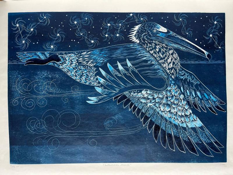 "Valtameren mahti", 2023. Washi-paperi ja muste linoleumille, häviävän laatan tekniikka ja monotypia. 60 x 42 cm. 