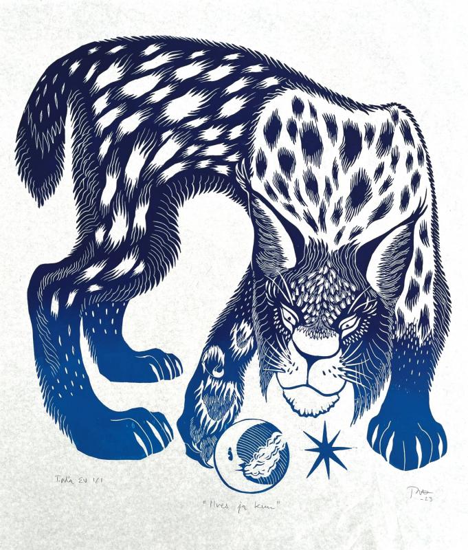 "Ilves ja kuu", 2023. Washi-paperi ja muste, linoleumille. 45 x 51 cm. 
