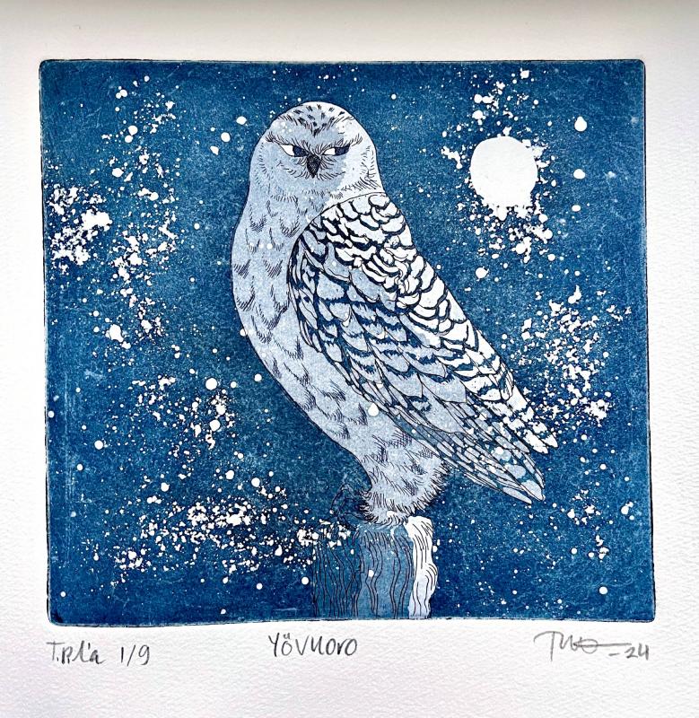 "Yövuoro", 2024. Syväpainopaperi ja muste, etsaus ja akvatinta kuparille. 14 x 15 cm. 