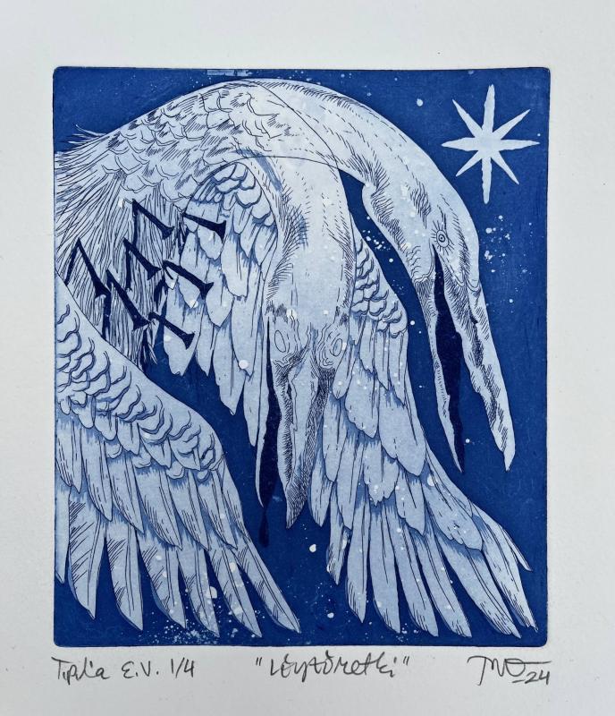 "Löytöretki", 2024. Syväpainopaperi ja muste, etsaus ja akvatinta kuparille. 14 x 16.5 cm