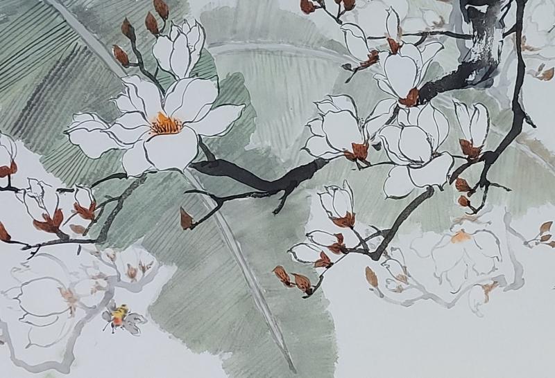 Magnoliat, xhuan riisipaperi, kiinalainen mustevesiväri, märkä pohjustus riisipaperille, koko 34x 49 cm