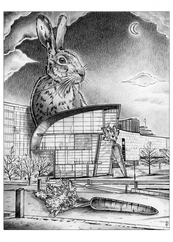 One night at Kiasma museum, drawing, pencil on paper, 21x29,7cm
