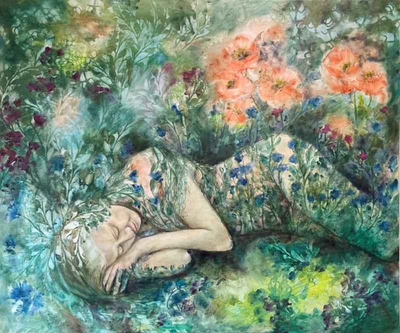 Anna-Maria Sinisalo, Luontoon kietoutunut, Pigmentti ja öljyväri kankaalle, 100 x 120 cm, 2024, kuvaaja: Anna-Maria Sinisalo